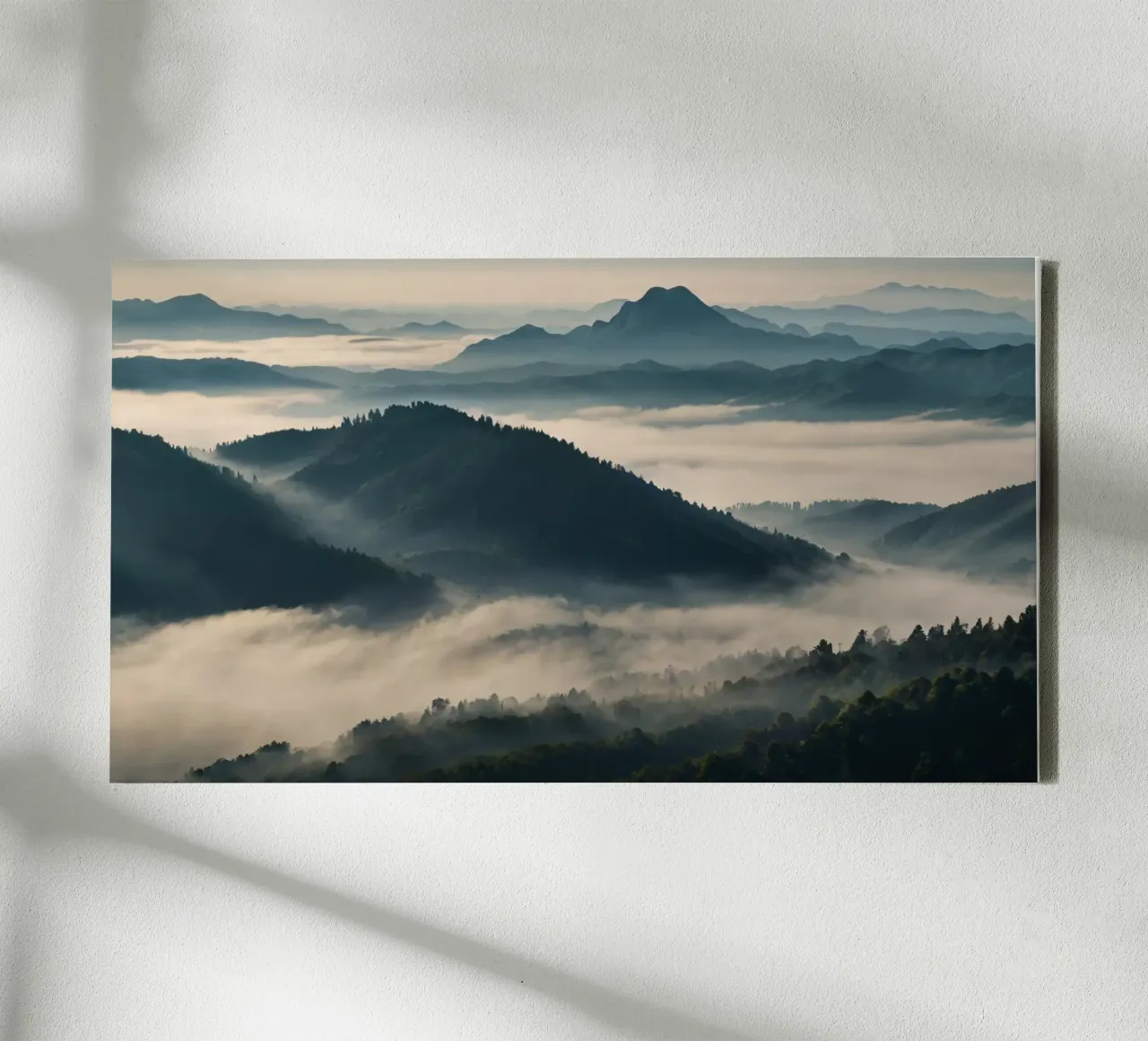 Majestic mountain range shrouded in mist canvas with Floater frame by DesignDoodle