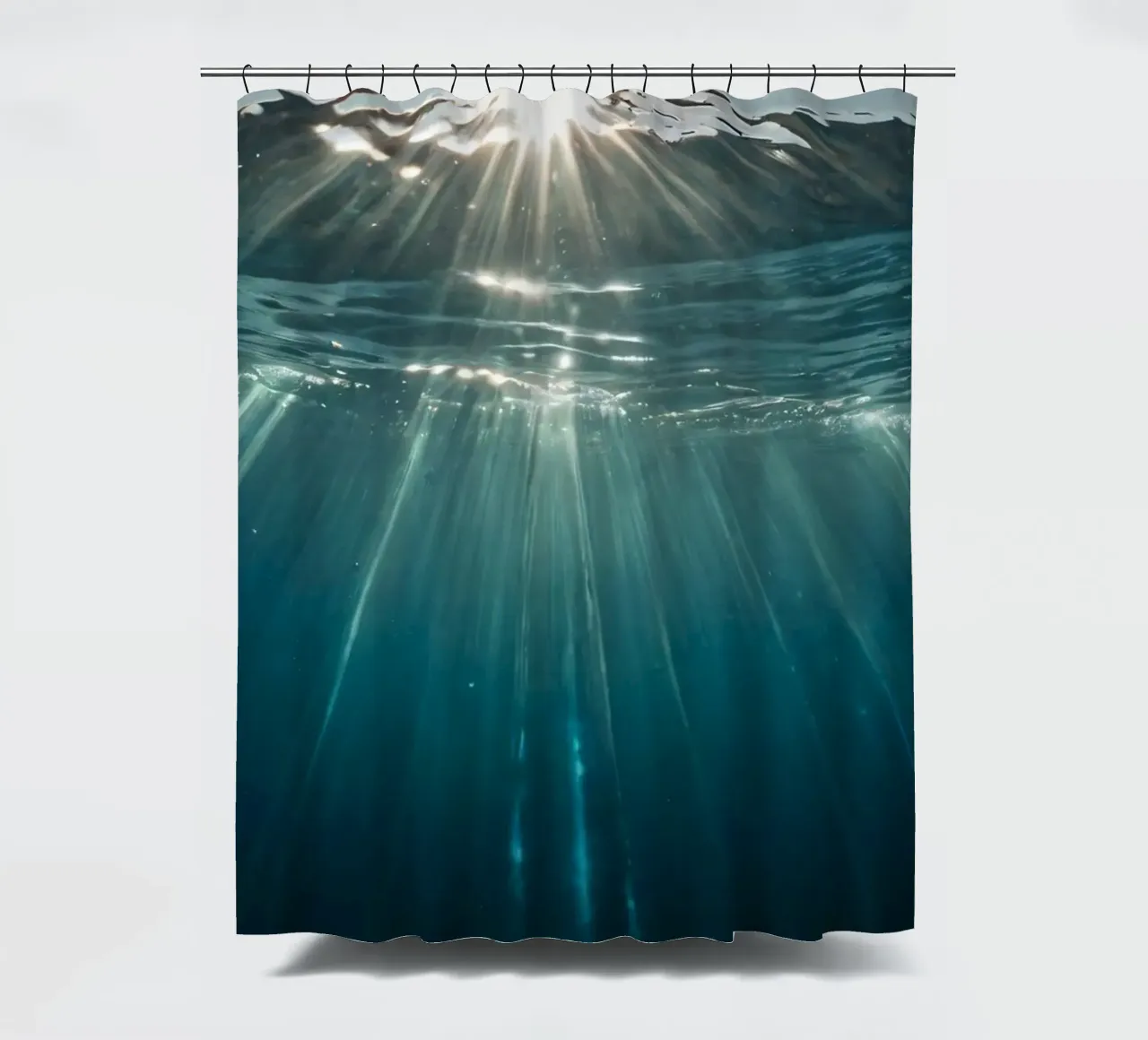 Sunlight streams through clear water mesmerizing pattern shower curtain by DesignDoodle