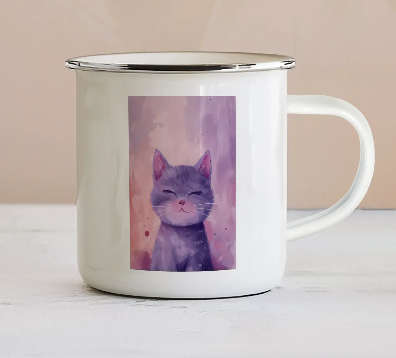 Gatto viola sorridente_ Capriccio acquerellato tazza in smalto da Manh beo