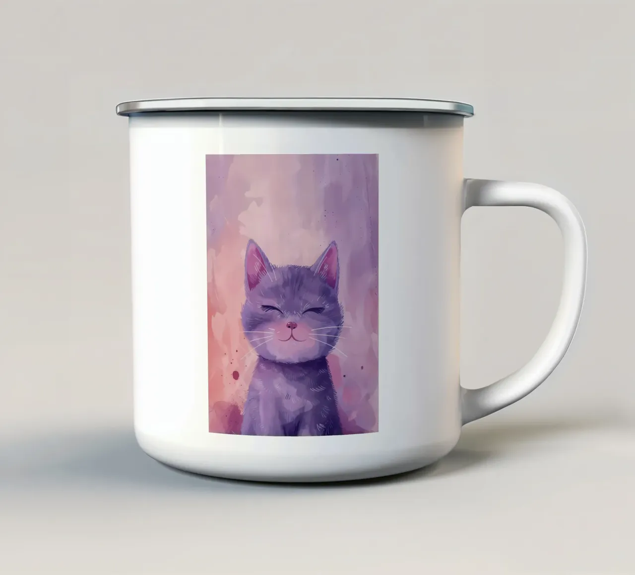 Gatto viola sorridente_ Capriccio acquerellato tazza in smalto da Manh beo