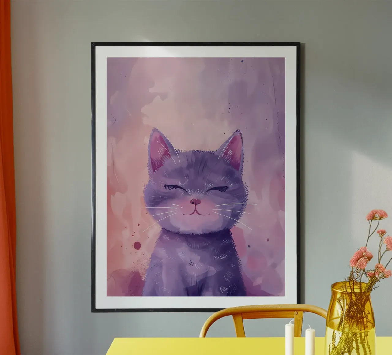 Gatto viola sorridente_ Capriccio acquerellato poster con telaio in alluminio da Manh beo