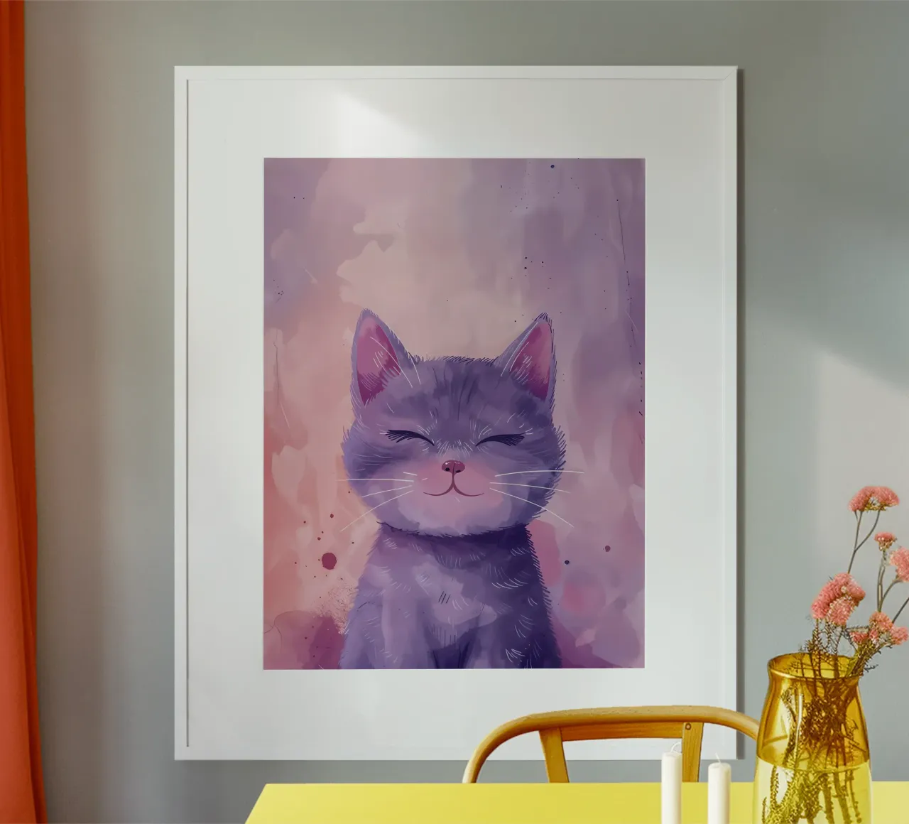 Gatto viola sorridente_ Capriccio acquerellato poster con telaio in alluminio da Manh beo