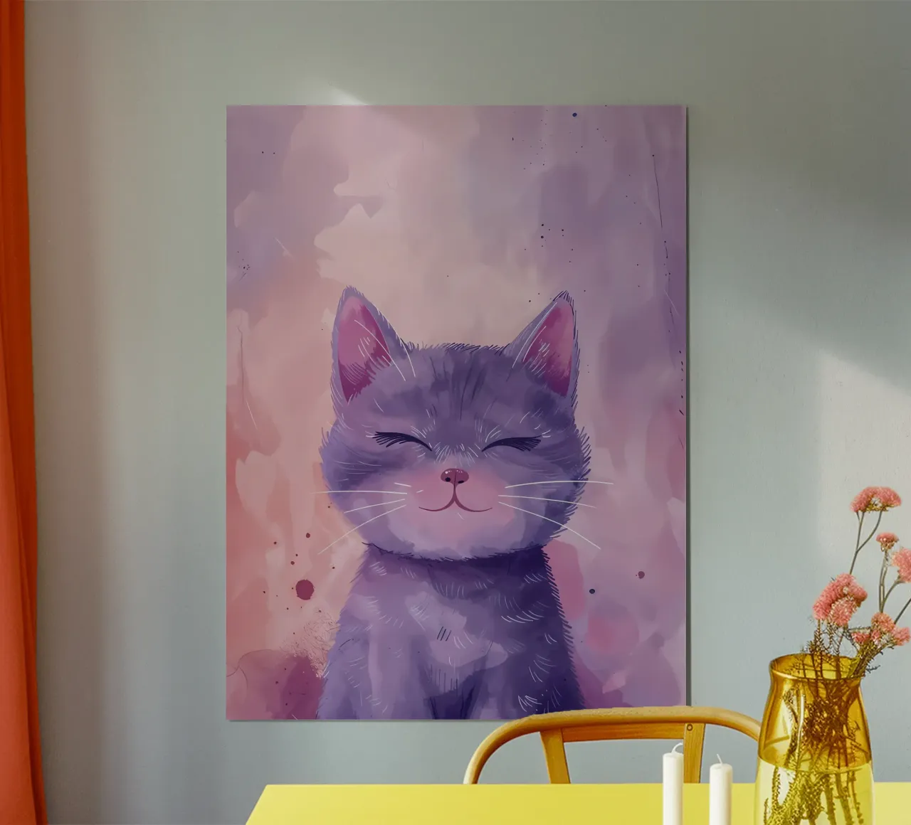 Gatto viola sorridente_ Capriccio acquerellato poster con telaio in alluminio da Manh beo