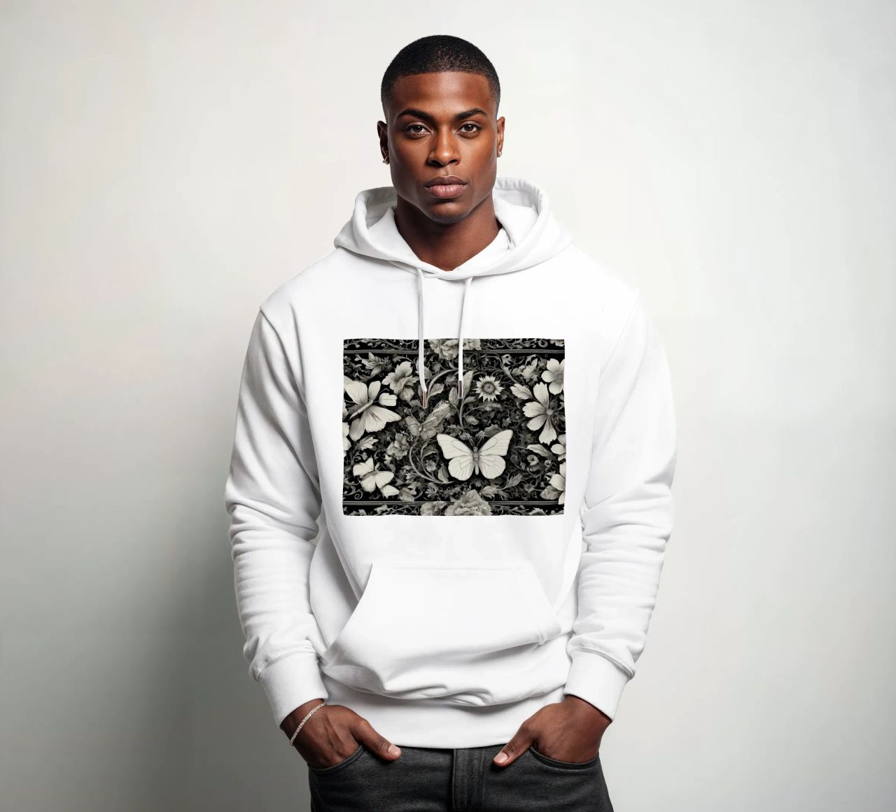 Diseño intrincado con mariposas y flores monocromáticas sudadera con capucha de DesignDoodle