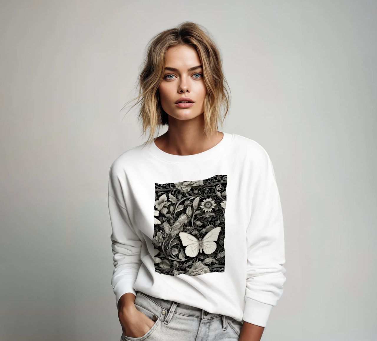 Diseño intrincado con mariposas y flores monocromáticas sudadera de DesignDoodle