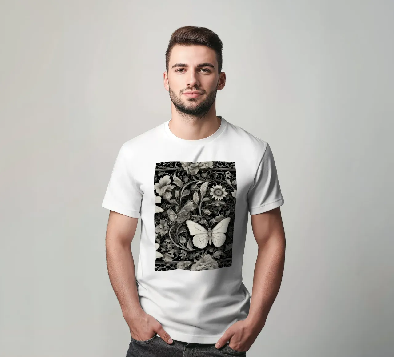 Design intricato con farfalle e fiori monocromatici. t-shirt da DesignDoodle