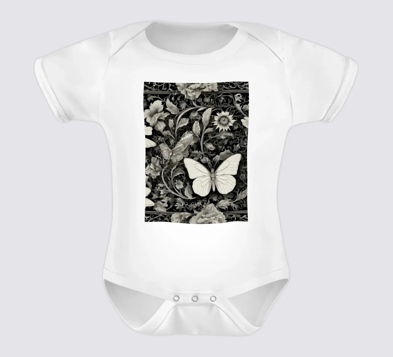 Design intricato con farfalle e fiori monocromatici. body neonato maniche corte da DesignDoodle