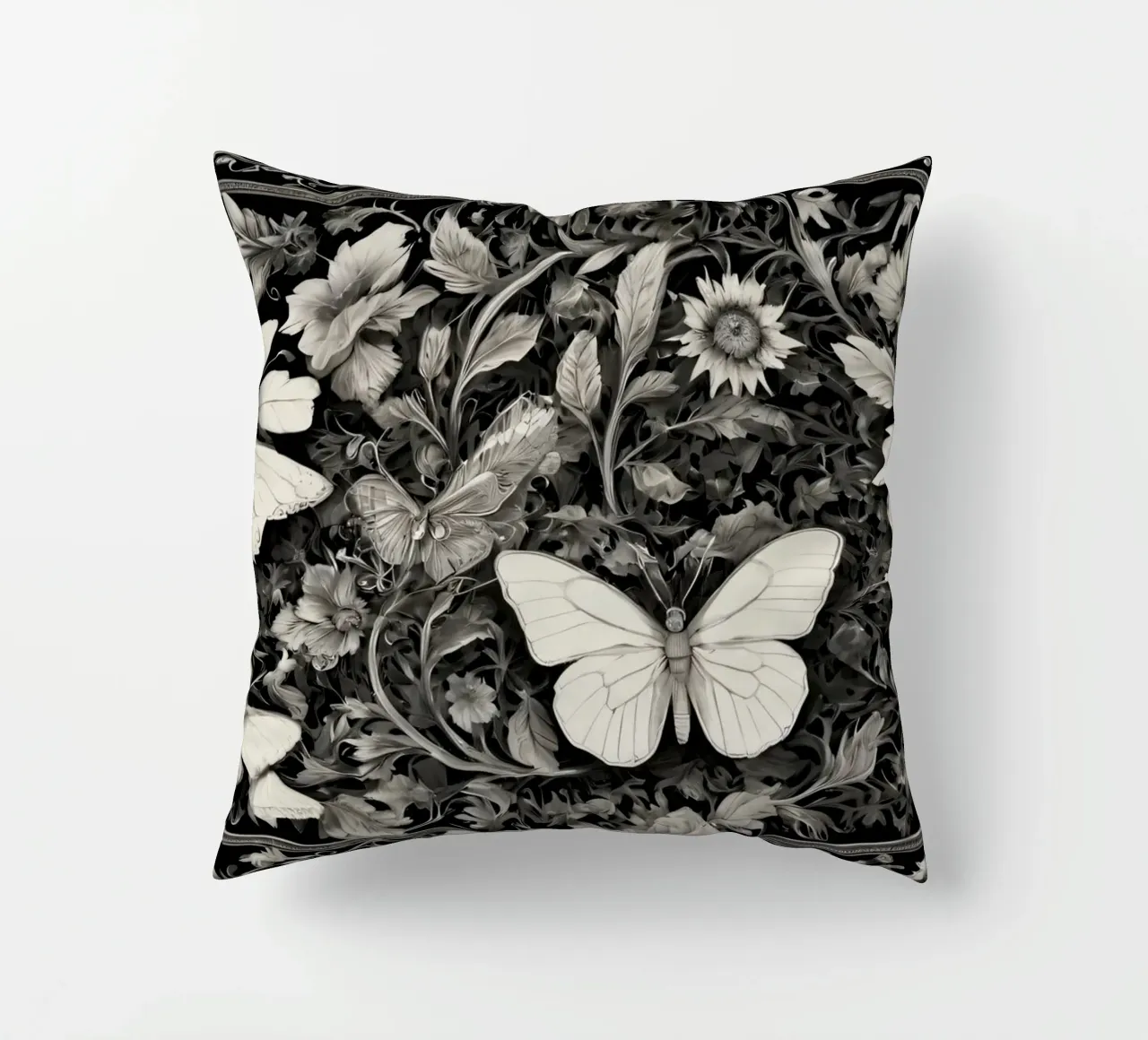 Design intricato con farfalle e fiori monocromatici. cuscino da DesignDoodle