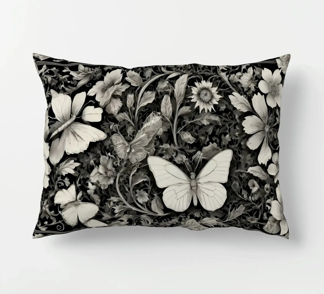 Design intricato con farfalle e fiori monocromatici. cuscino da DesignDoodle