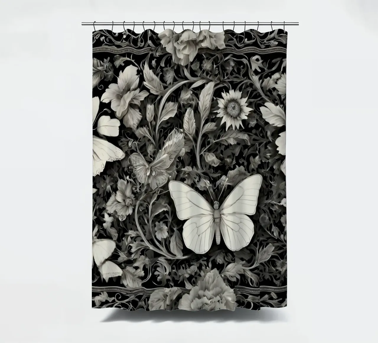 Design intricato con farfalle e fiori monocromatici. tenda da doccia da DesignDoodle