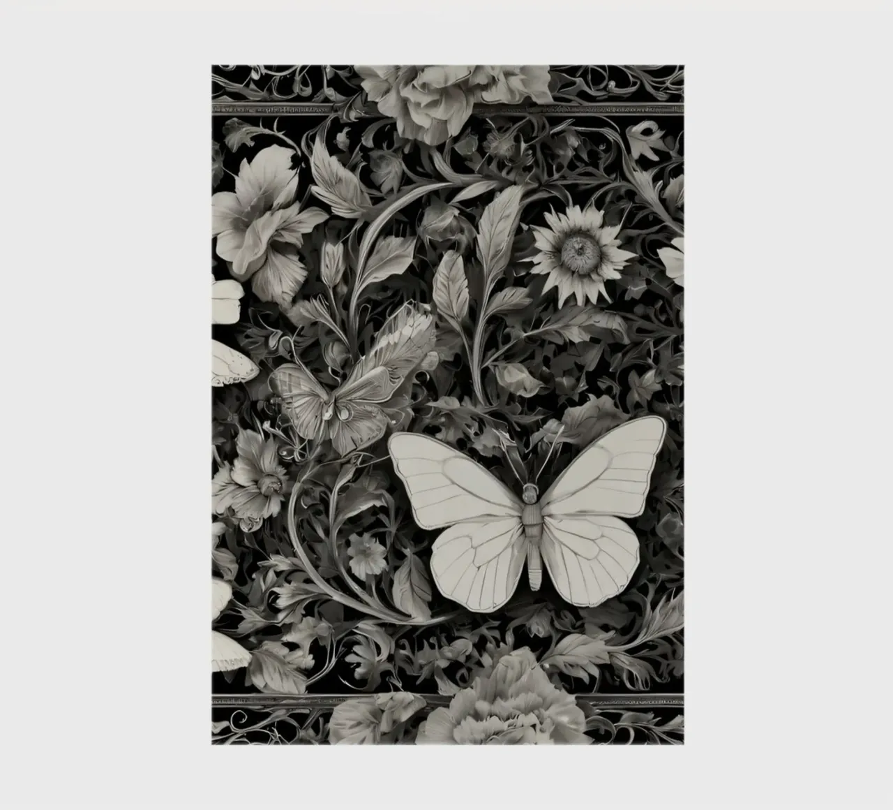 Intricate design featuring butterflies and flowers monochrom notebook by DesignDoodle
