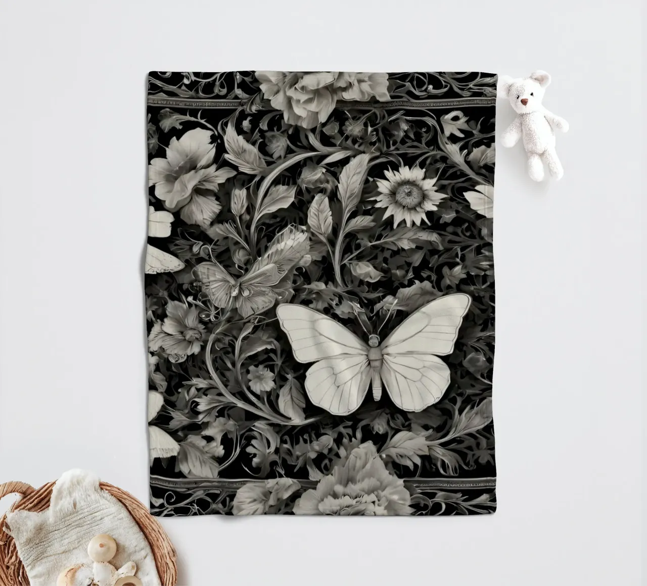 Design intricato con farfalle e fiori monocromatici. coperta in pile da DesignDoodle