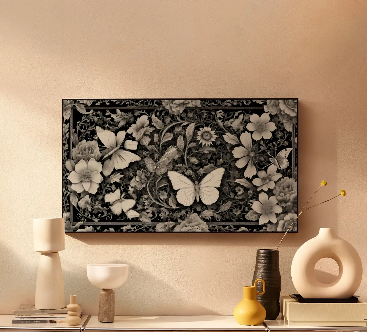 Design intricato con farfalle e fiori monocromatici. alluminio dibond da DesignDoodle