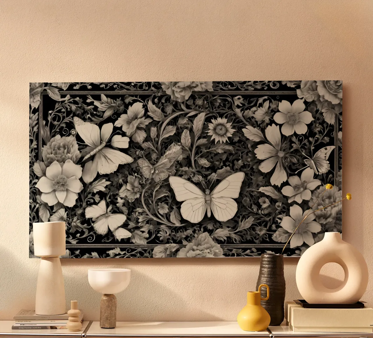 Design intricato con farfalle e fiori monocromatici. alluminio dibond da DesignDoodle