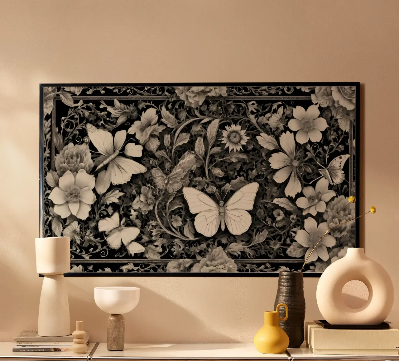 Design intricato con farfalle e fiori monocromatici. carta hahnemühle da DesignDoodle