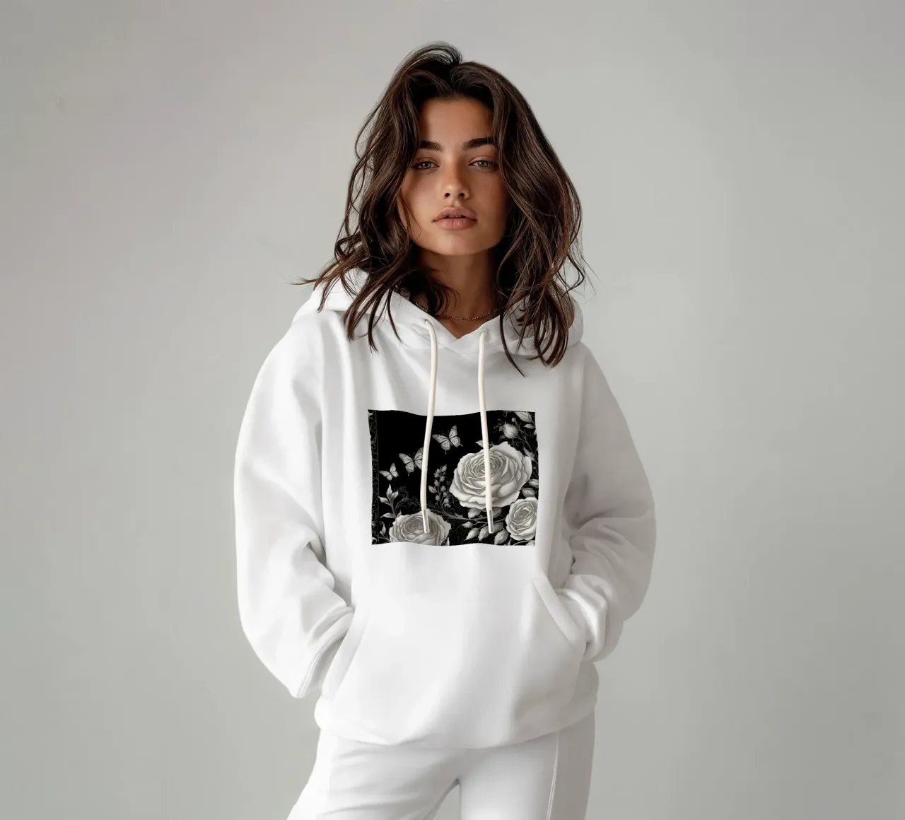 Design artistico in bianco e nero con rose e farfalle felpa con cappuccio da DesignDoodle