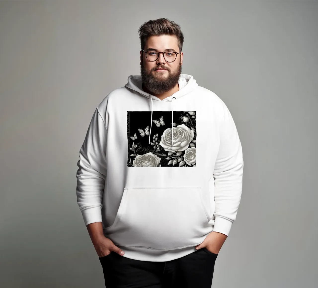 Design artistico in bianco e nero con rose e farfalle felpa con cappuccio da DesignDoodle