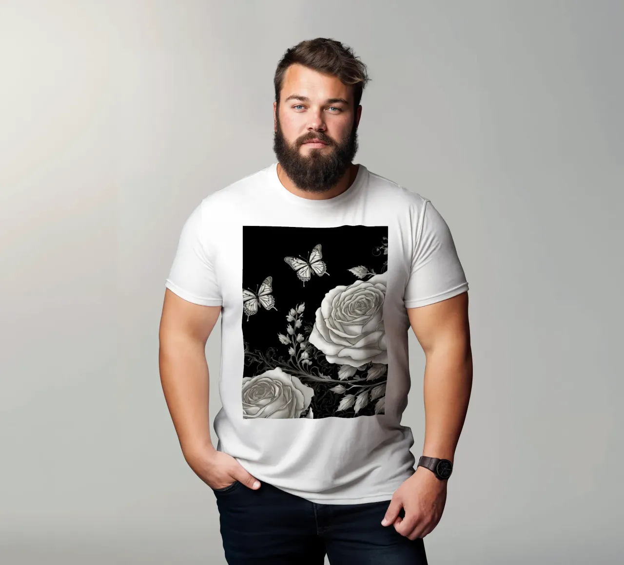 Design artistico in bianco e nero con rose e farfalle t-shirt da DesignDoodle