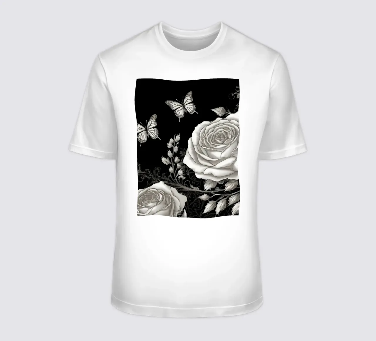 Design artistico in bianco e nero con rose e farfalle t-shirt da DesignDoodle