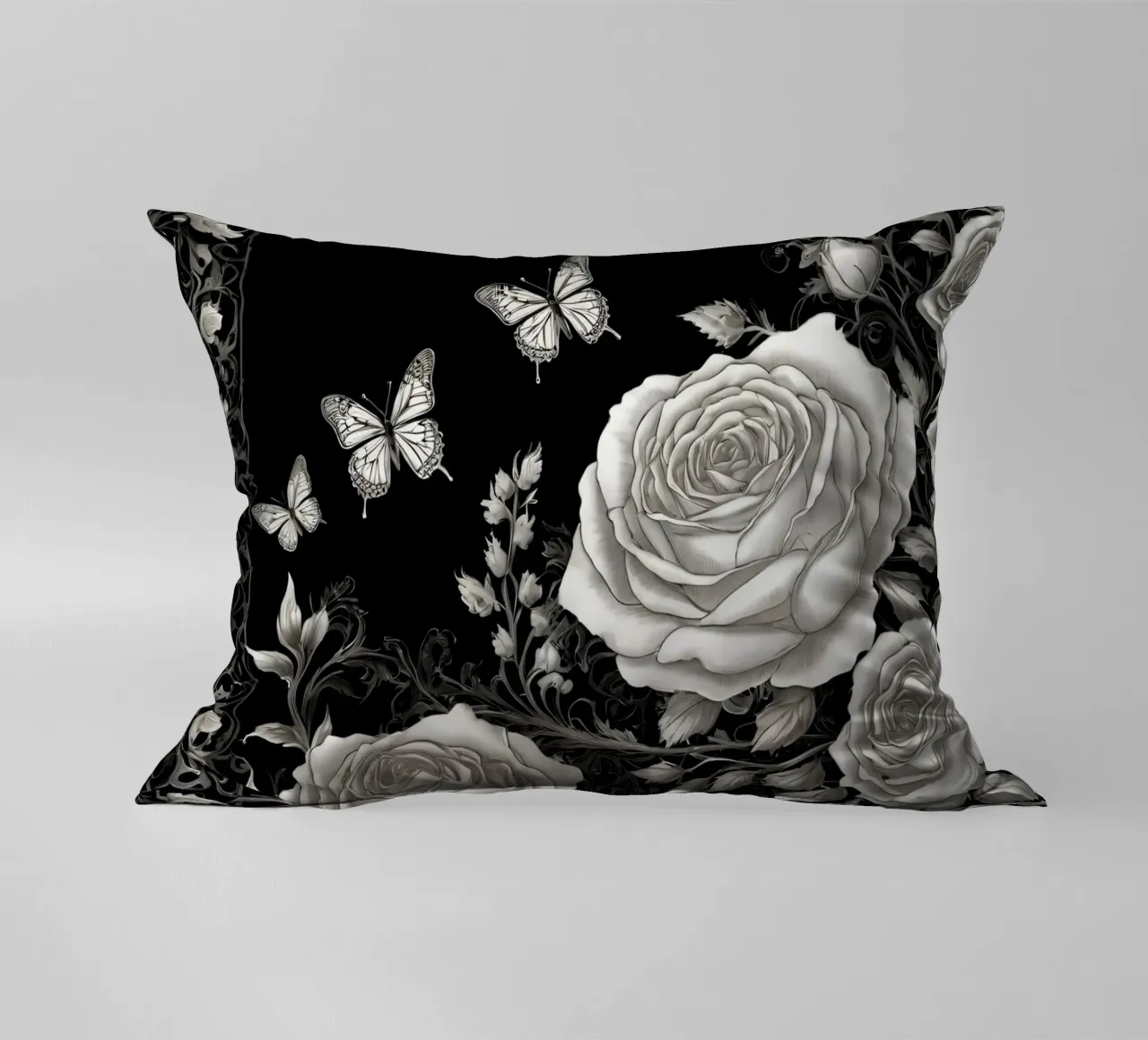 Design artistico in bianco e nero con rose e farfalle cuscino da DesignDoodle