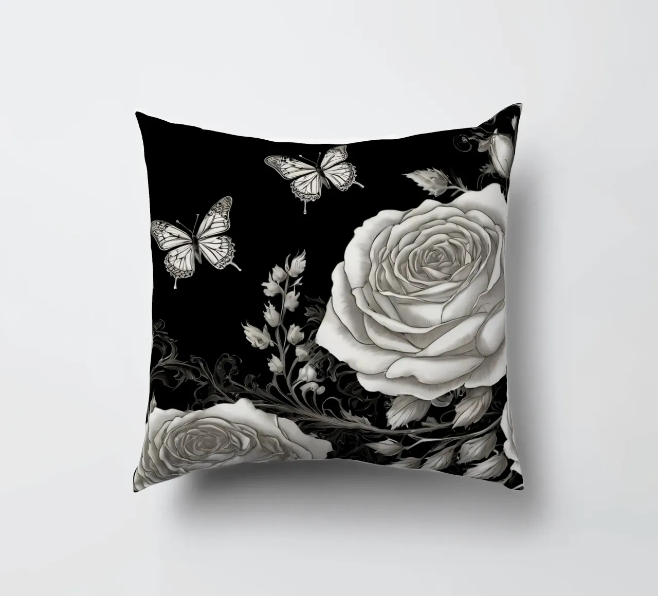 Design artistico in bianco e nero con rose e farfalle cuscino da DesignDoodle