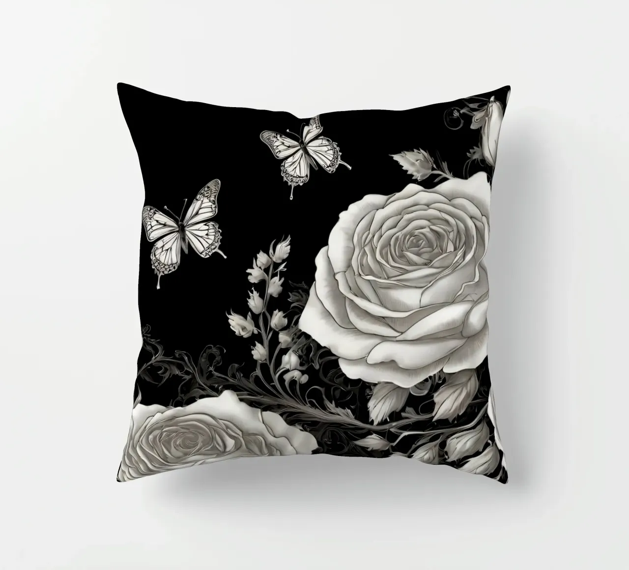 Design artistico in bianco e nero con rose e farfalle cuscino da DesignDoodle