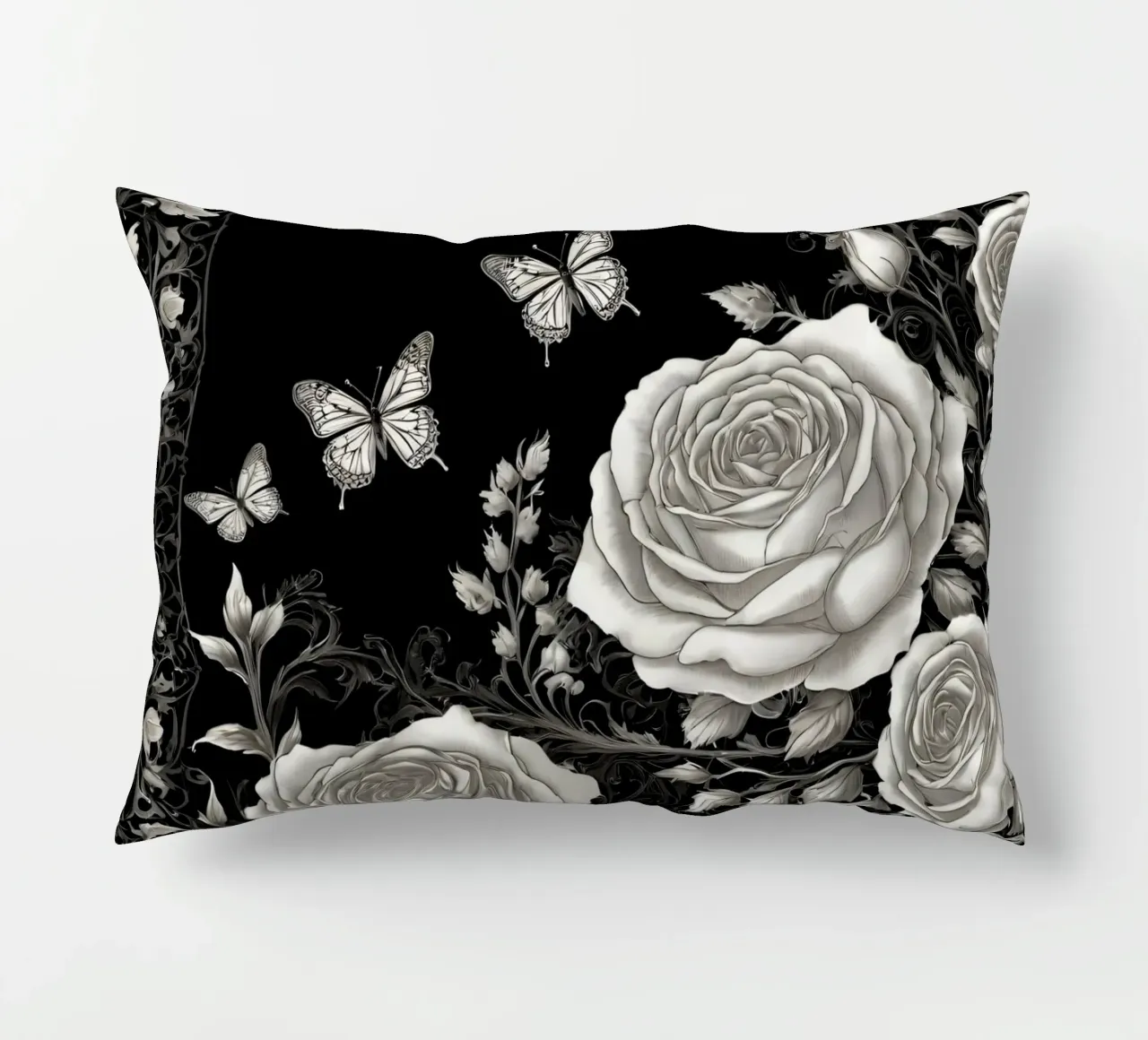 Design artistico in bianco e nero con rose e farfalle cuscino da DesignDoodle