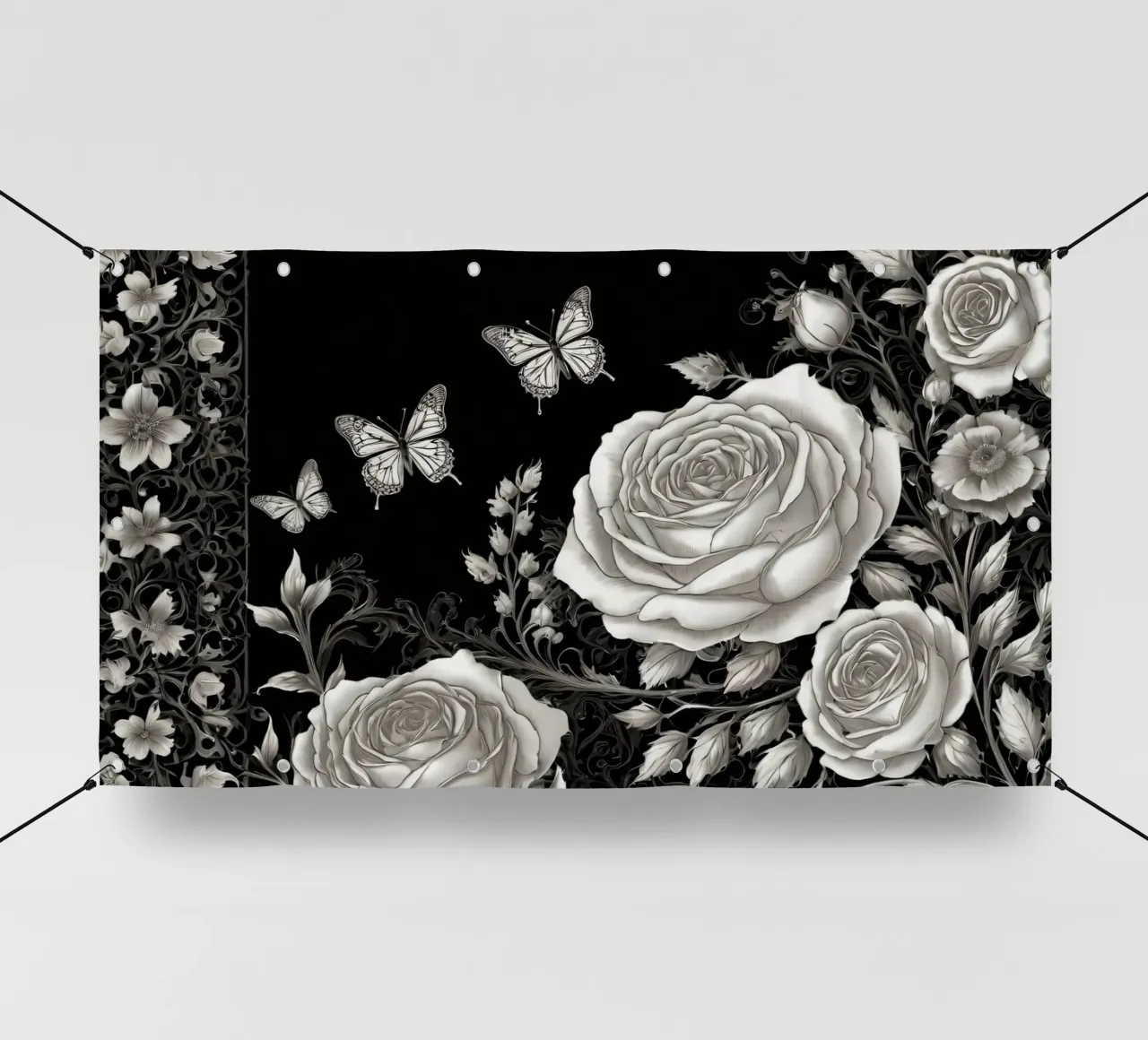 Design artistico in bianco e nero con rose e farfalle telo in pvc da DesignDoodle