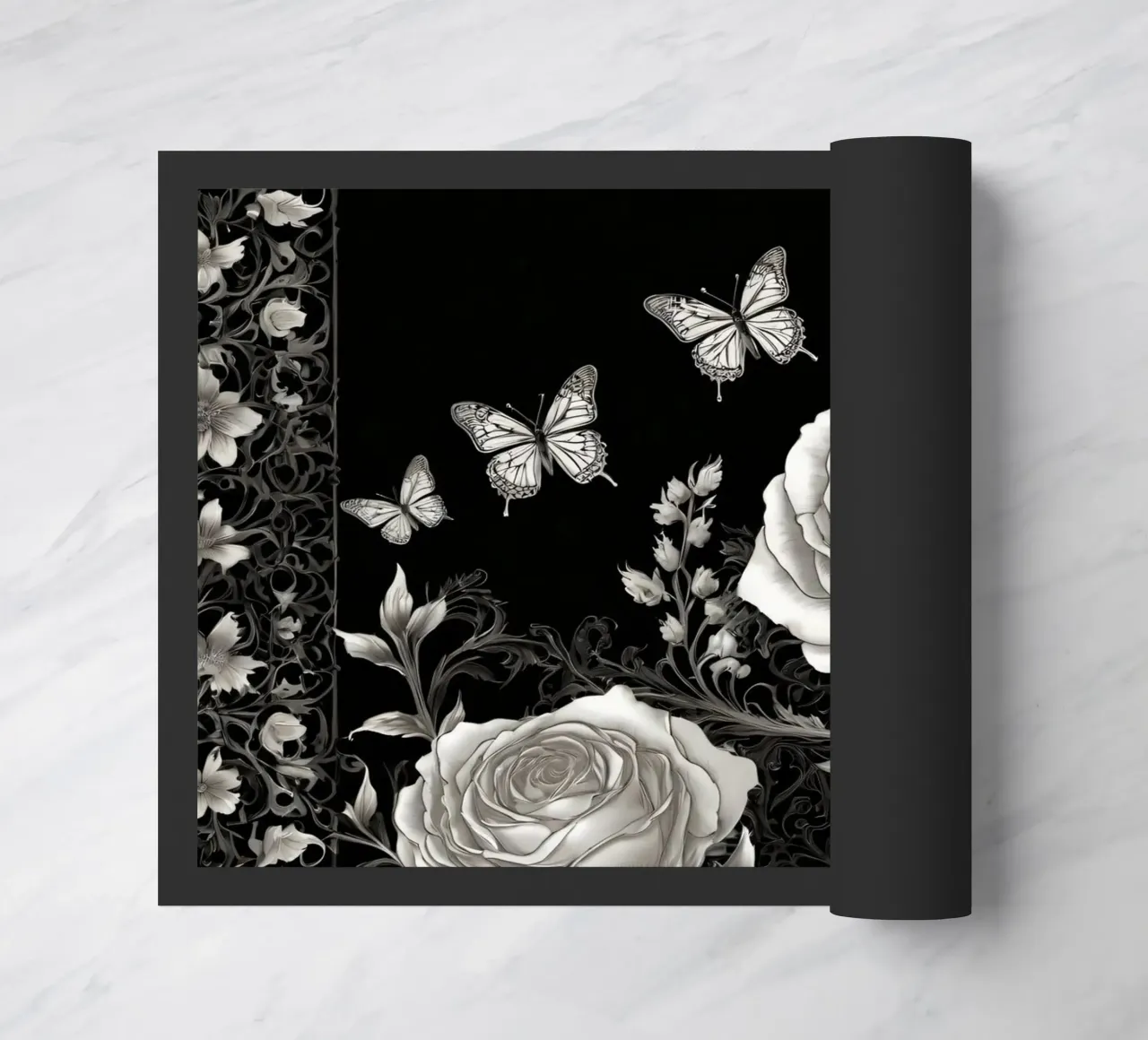 Design artistico in bianco e nero con rose e farfalle zerbino da DesignDoodle