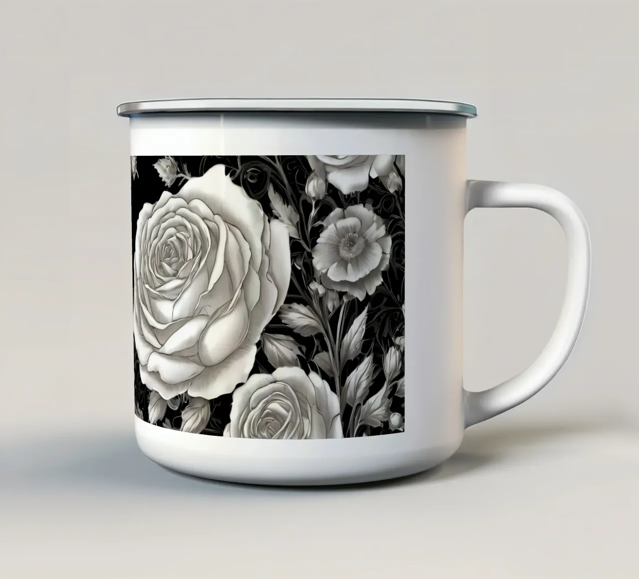 Design artistico in bianco e nero con rose e farfalle tazza in smalto da DesignDoodle