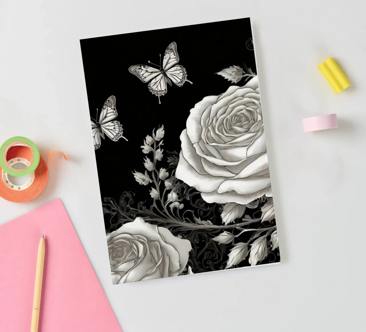 Design artistico in bianco e nero con rose e farfalle diario da DesignDoodle