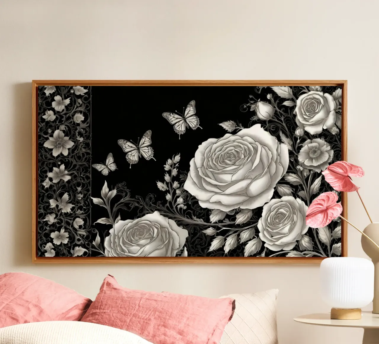 Artistic black and white design featuring roses, butterflies canvas with Floater frame by DesignDoodle