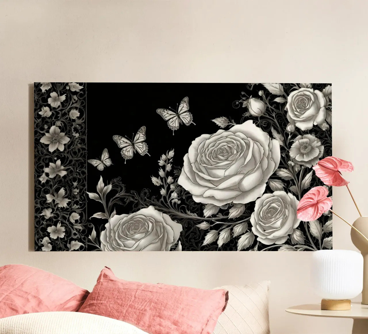 Artistic black and white design featuring roses, butterflies canvas with Floater frame by DesignDoodle