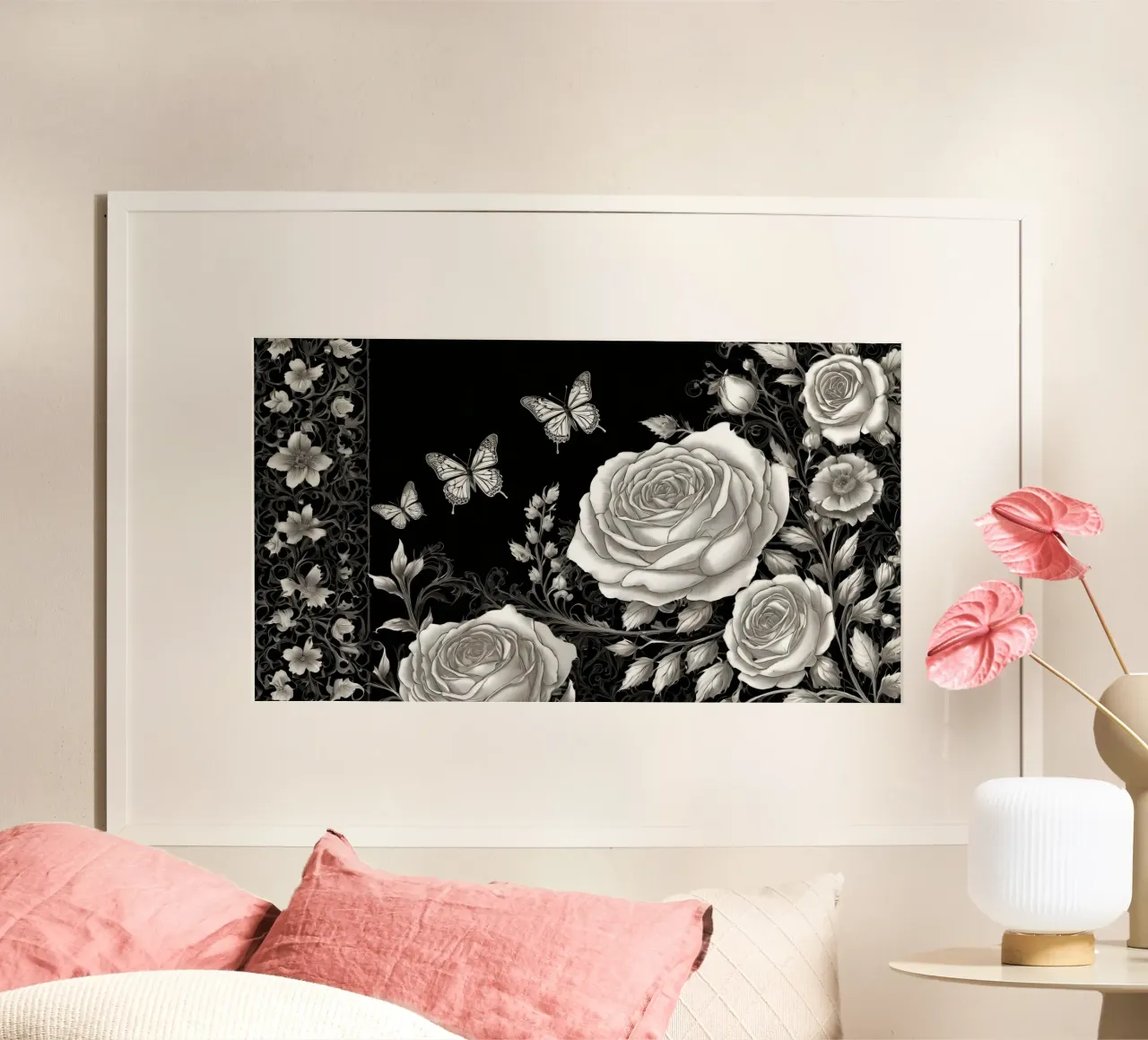 Design artistico in bianco e nero con rose e farfalle carta hahnemühle da DesignDoodle