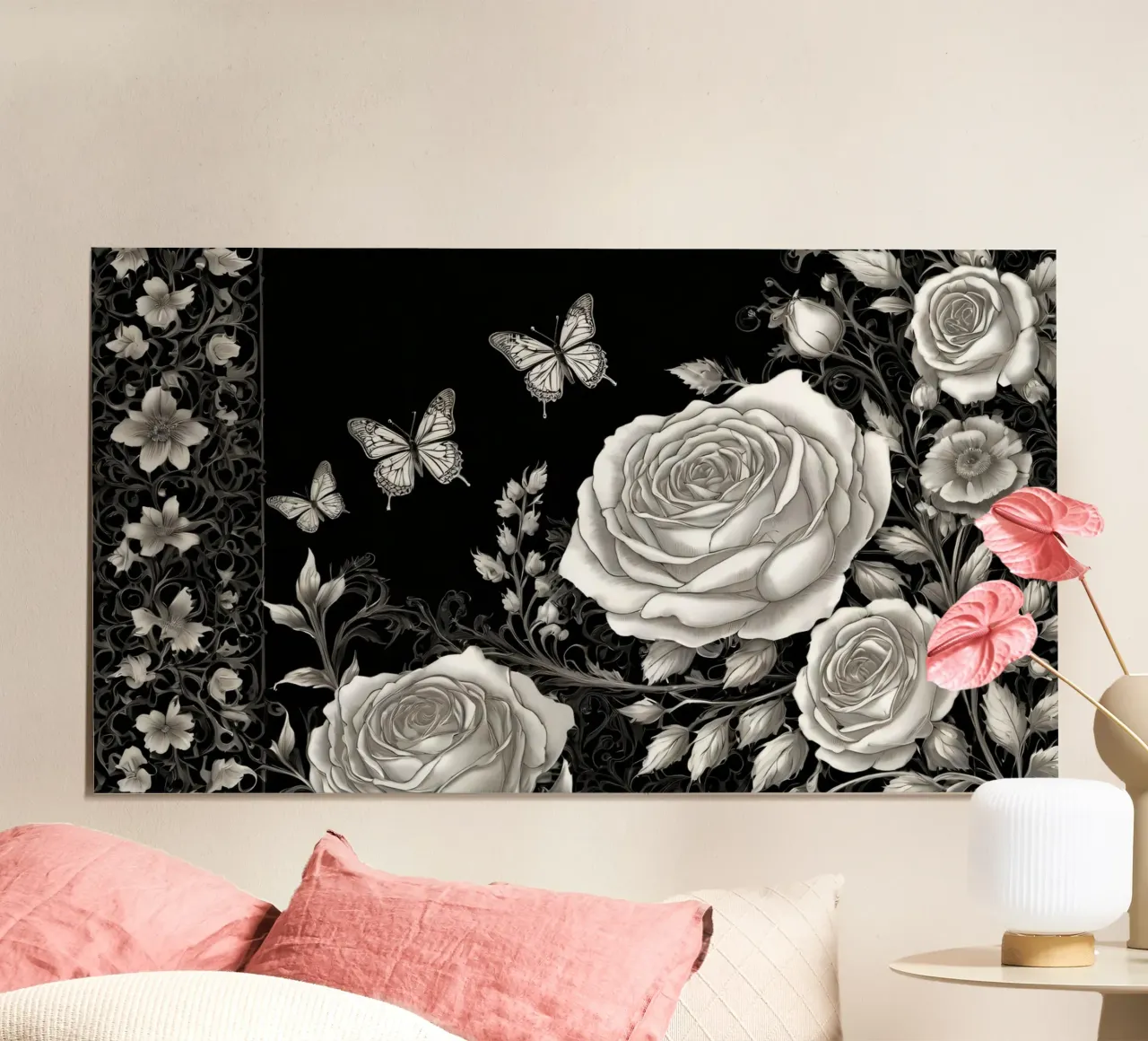 Design artistico in bianco e nero con rose e farfalle carta hahnemühle da DesignDoodle