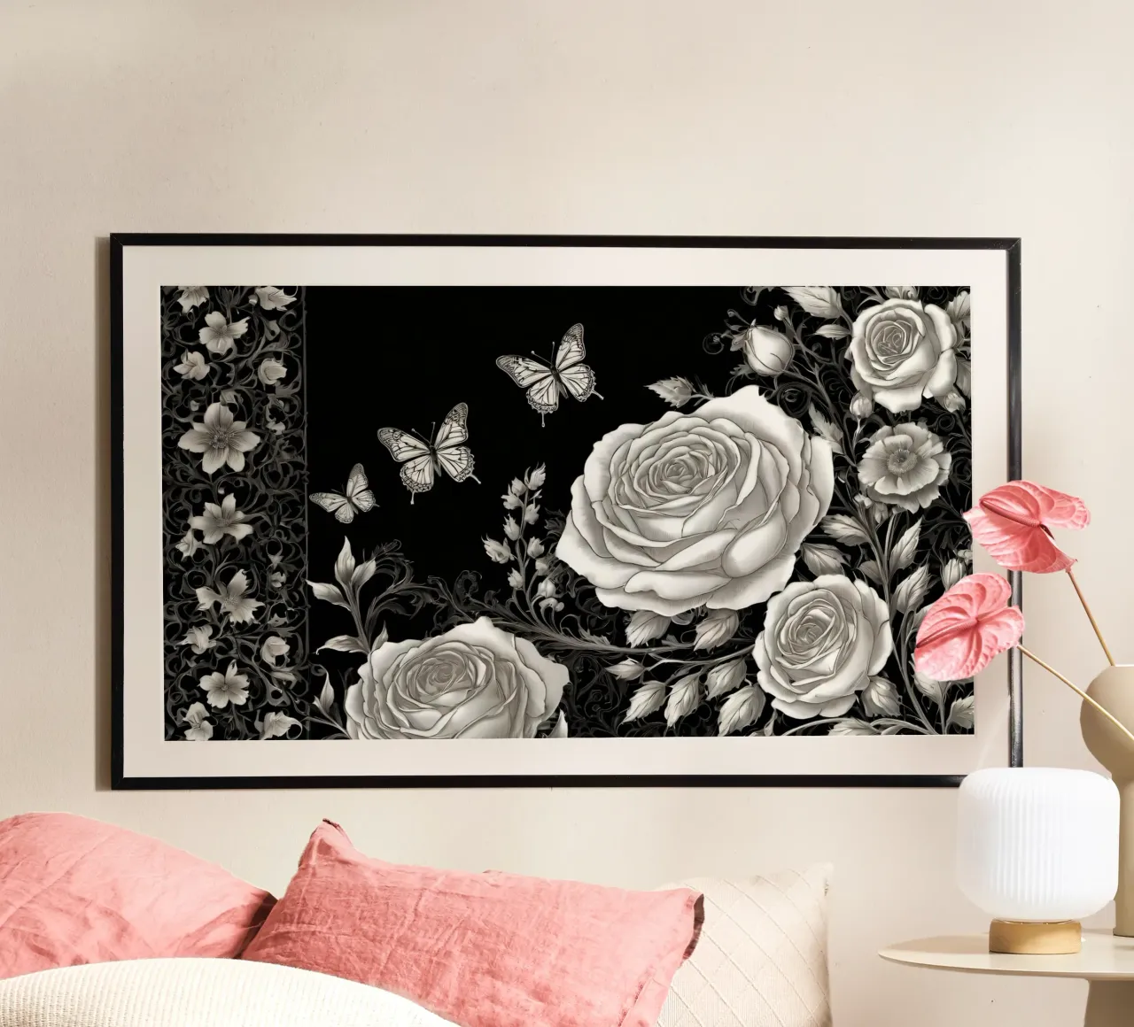 Design artistico in bianco e nero con rose e farfalle carta hahnemühle da DesignDoodle