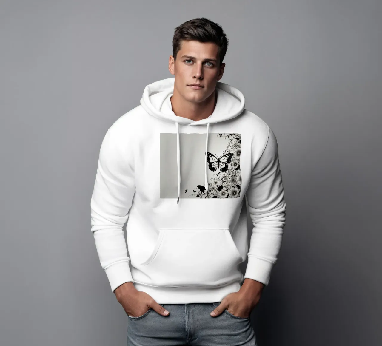 Elegante farfalla in bianco e nero tra intricati motivi floreali felpa con cappuccio da DesignDoodle