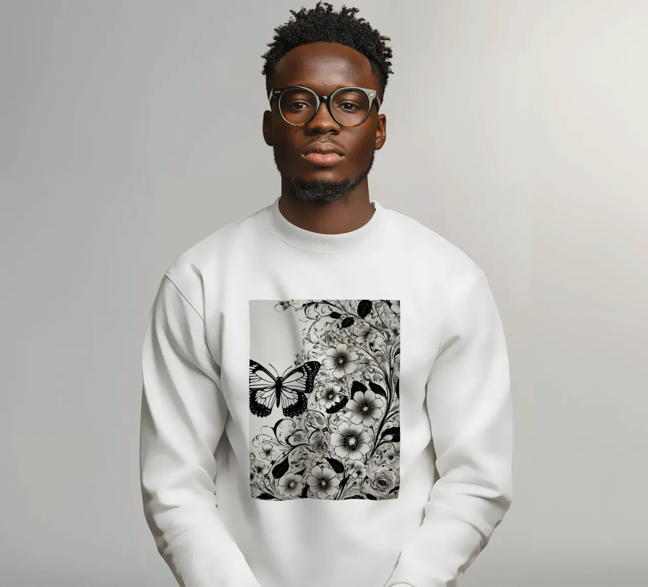 Elegante farfalla in bianco e nero tra intricati motivi floreali felpa da DesignDoodle