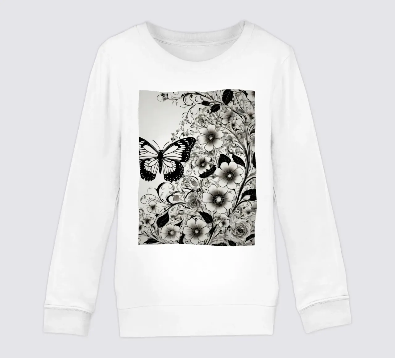Elegante farfalla in bianco e nero tra intricati motivi floreali felpa bambino da DesignDoodle