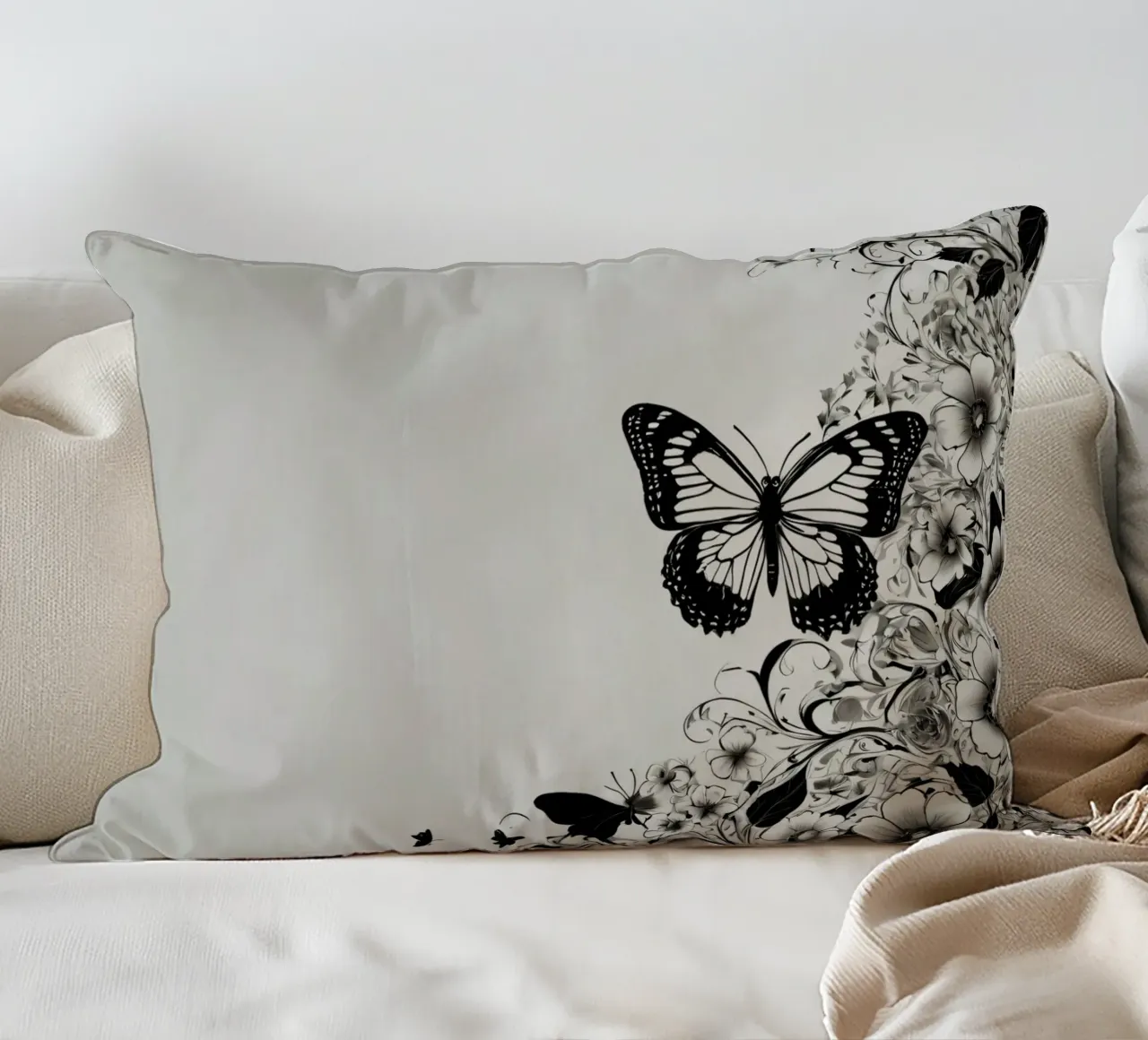 Elegante farfalla in bianco e nero tra intricati motivi floreali cuscino da DesignDoodle