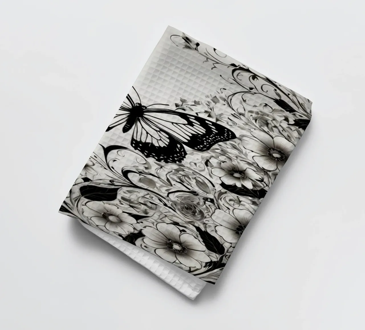 Elegante farfalla in bianco e nero tra intricati motivi floreali canovaccio da cucina da DesignDoodle