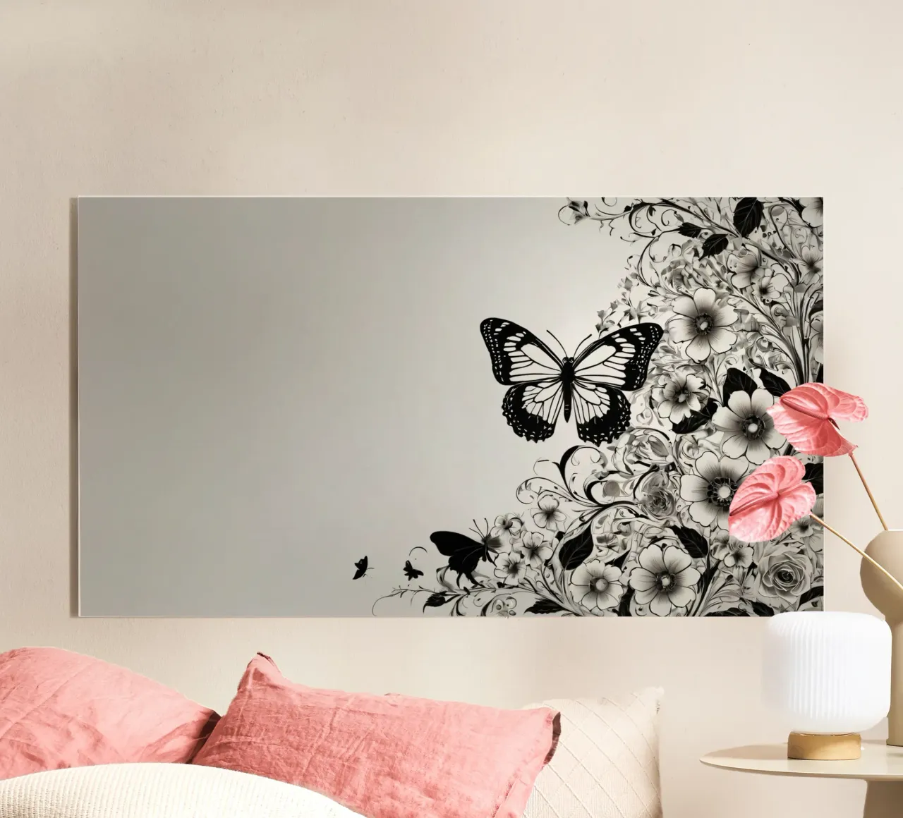 Elegante farfalla in bianco e nero tra intricati motivi floreali plexiglass da DesignDoodle