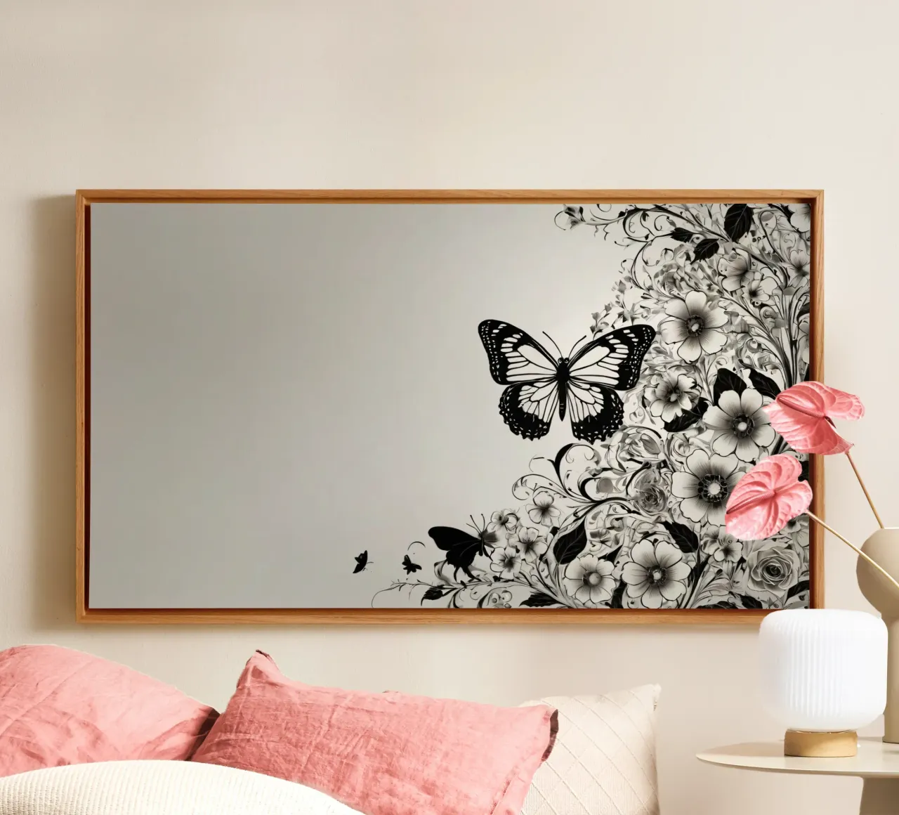 Élégant papillon noir et blanc parmi des fleurs complexes toile avec Caisse américaine de DesignDoodle