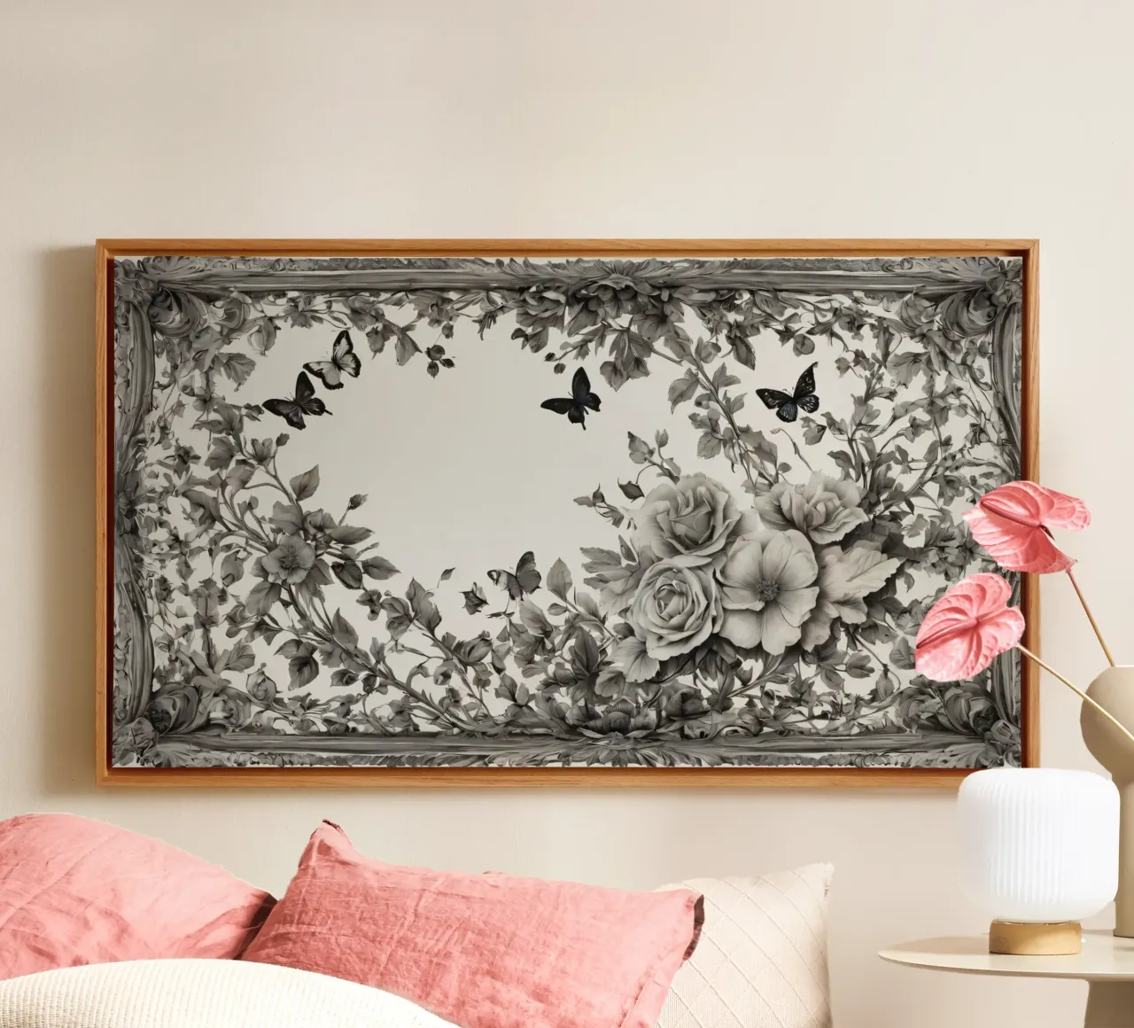 Disegno floreale con rose e farfalle all'interno di un decoro tela con Cornice a cassetta da DesignDoodle