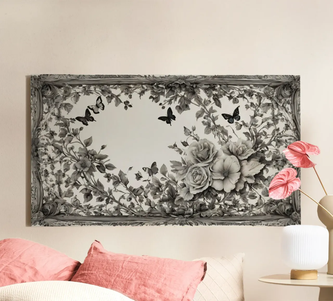 Disegno floreale con rose e farfalle all'interno di un decoro tela con Cornice a cassetta da DesignDoodle