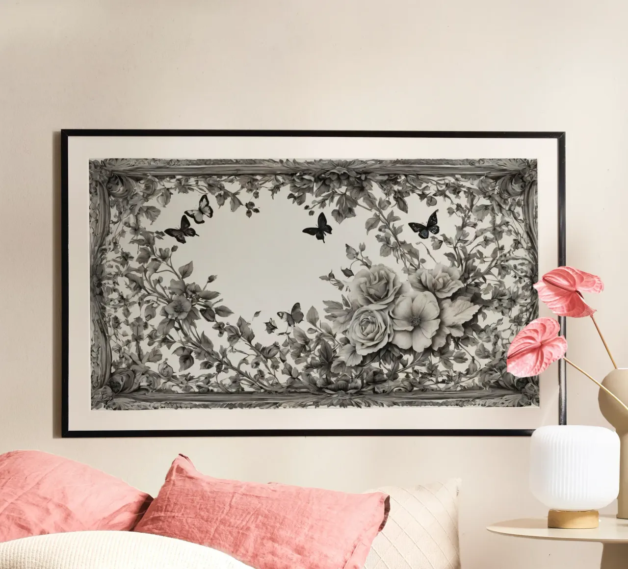 Disegno floreale con rose e farfalle all'interno di un decoro poster da DesignDoodle