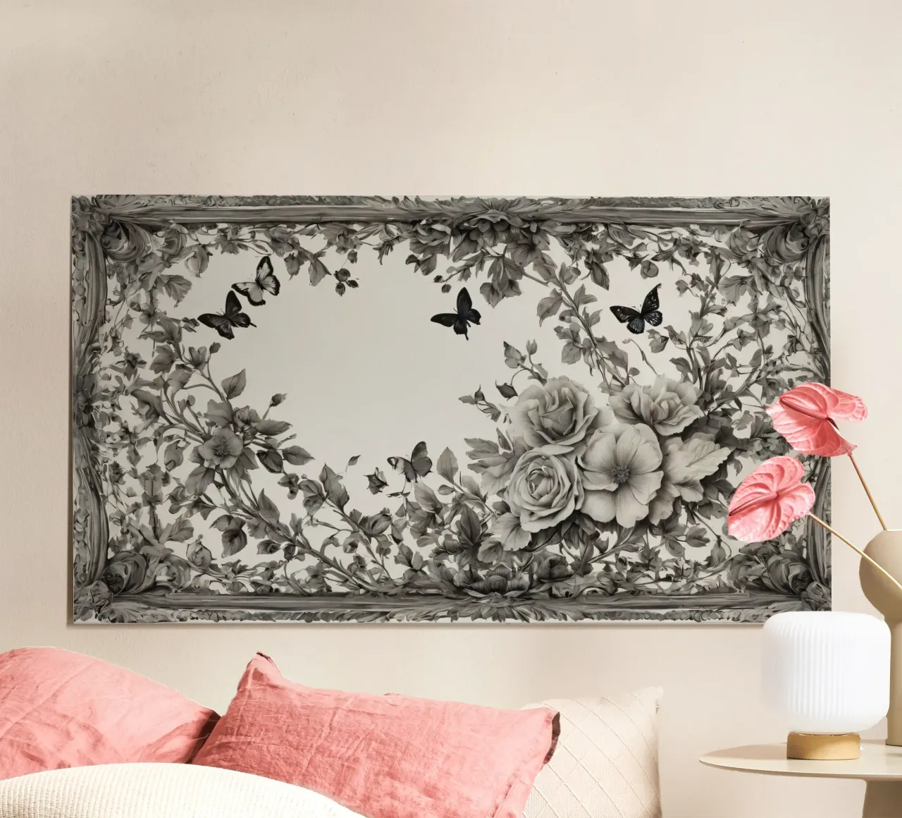 Disegno floreale con rose e farfalle all'interno di un decoro poster da DesignDoodle