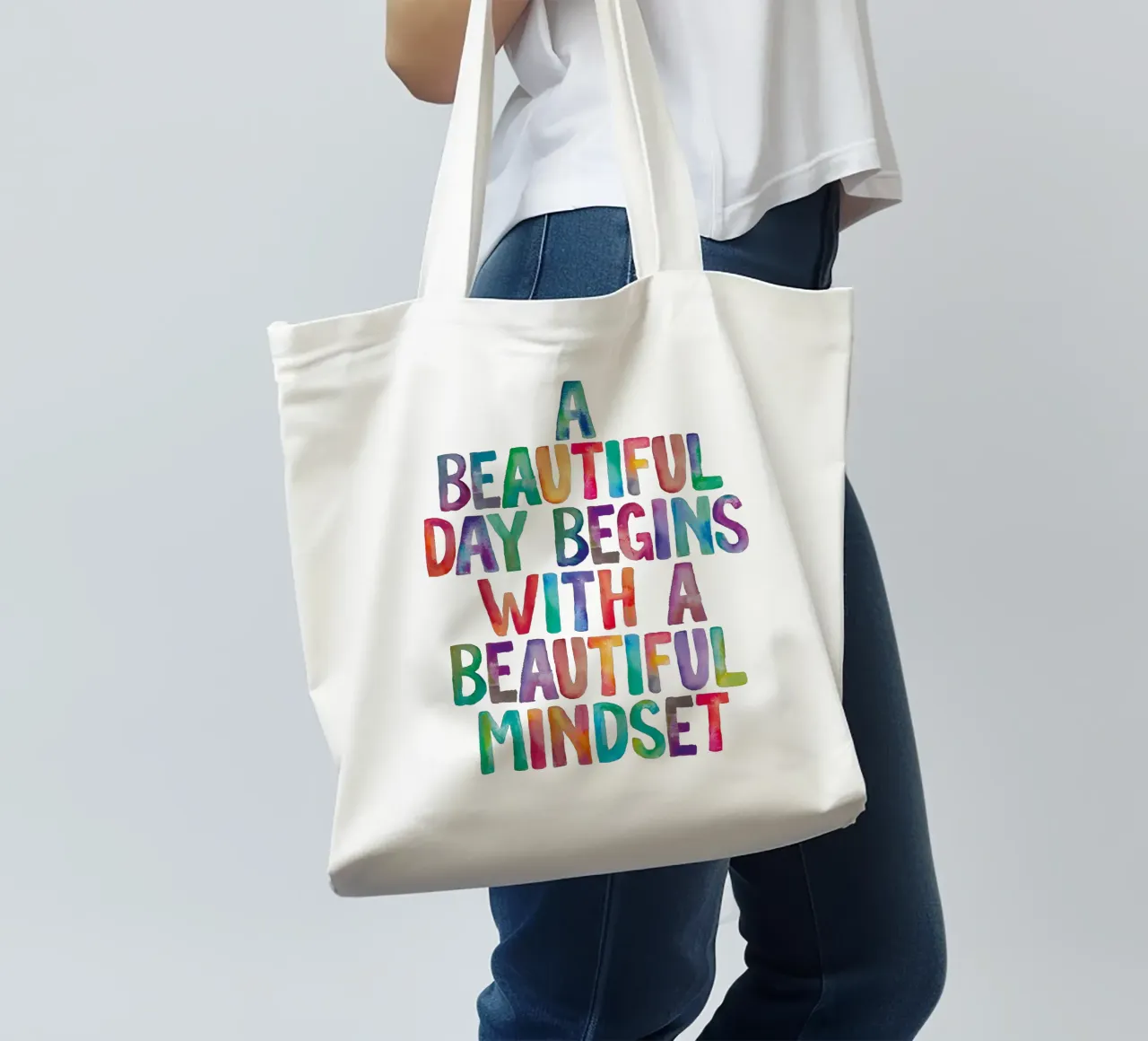 Een mooie dag begint met een mooie instelling Regenboogtype jute draagtas van THE MOTIVATED TYPE