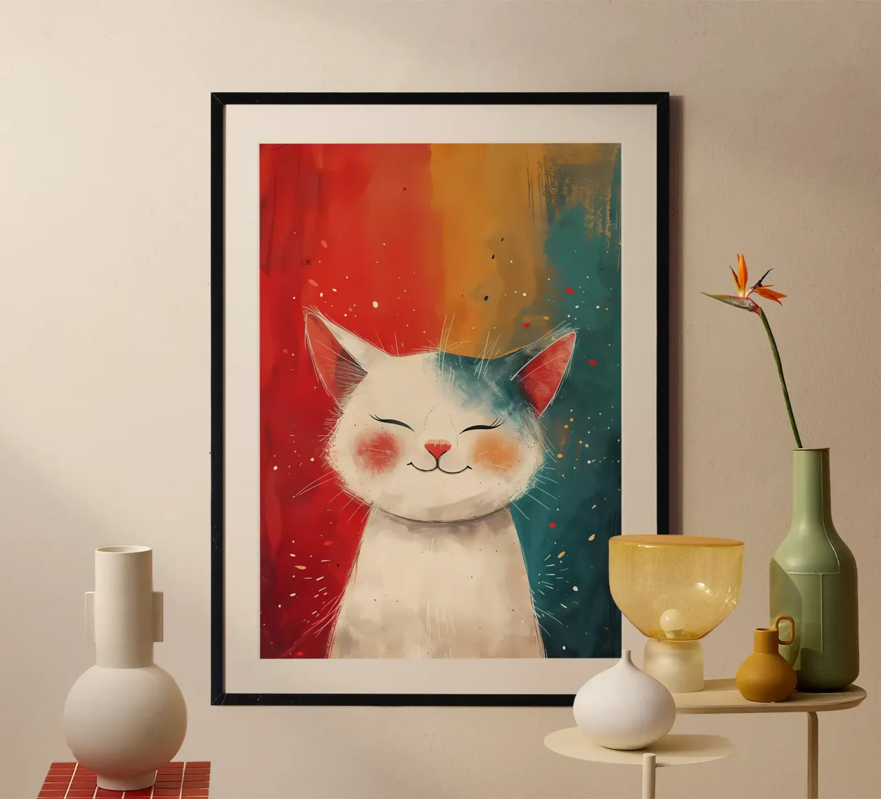 Zen Cat Meditation poster with wooden frame by Manh beo