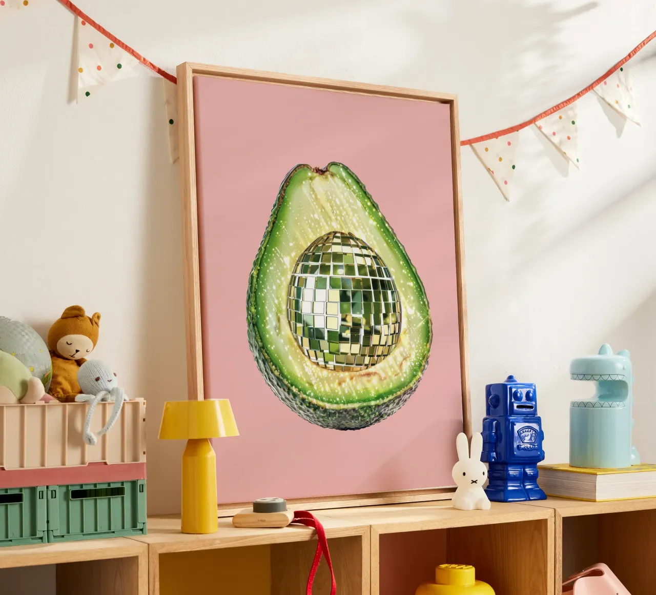 Avocado discobal in roze canvas met Baklijst van Peaches Art Prints